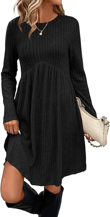 OFEEFAN Long Sleeve Dress for Women Crew Neck Empire Waist Tunic Dress with Pockets